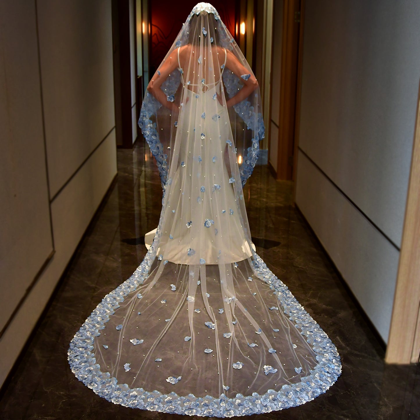 BRIDELLA BM42A Blue Embroidered Applique Bridal Veil Cathedral Length Bride Wedding Accessories