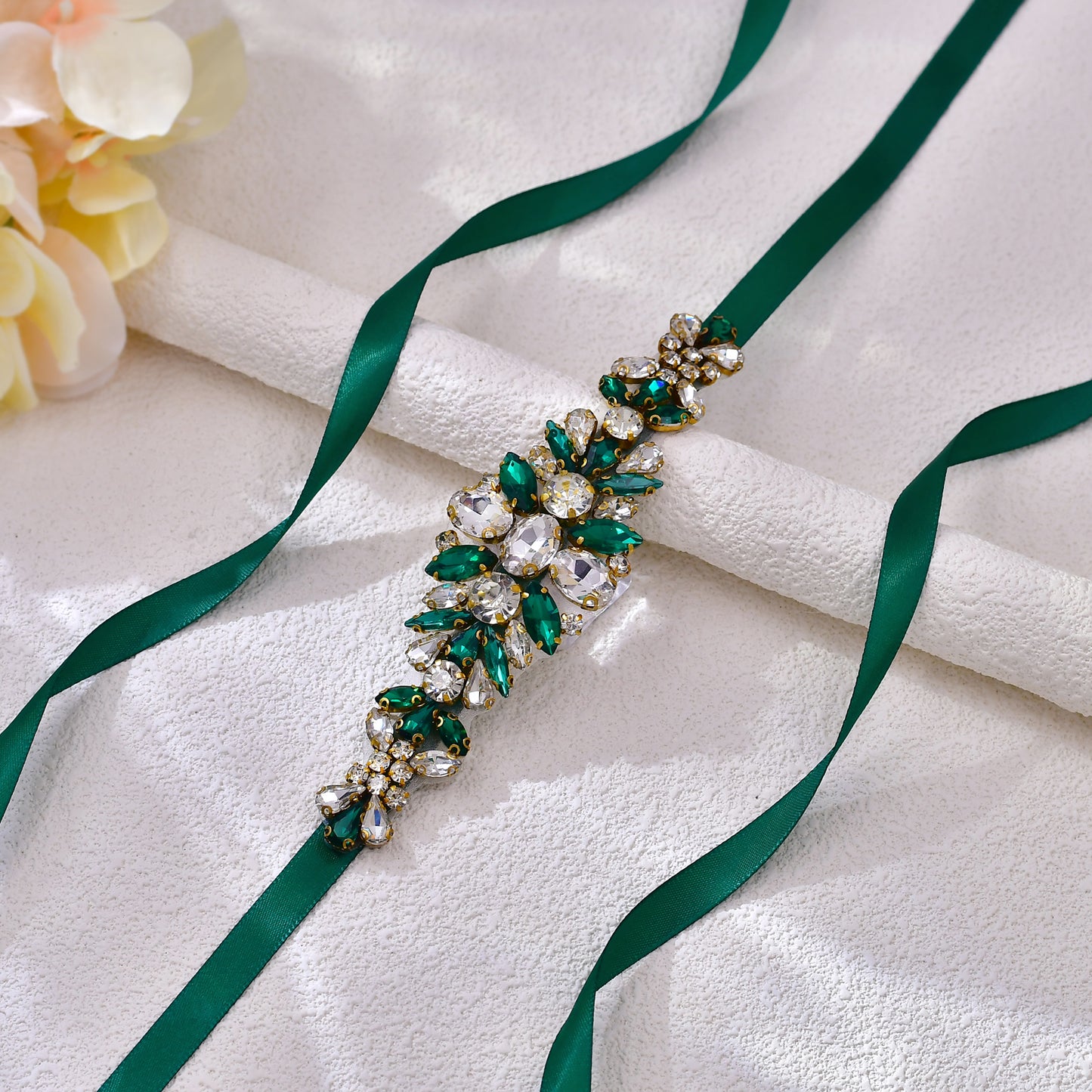 BRIDELLA BS128 Green Strap Dress Belt Emerald Diamond Handmade Beaded Wedding Accessories