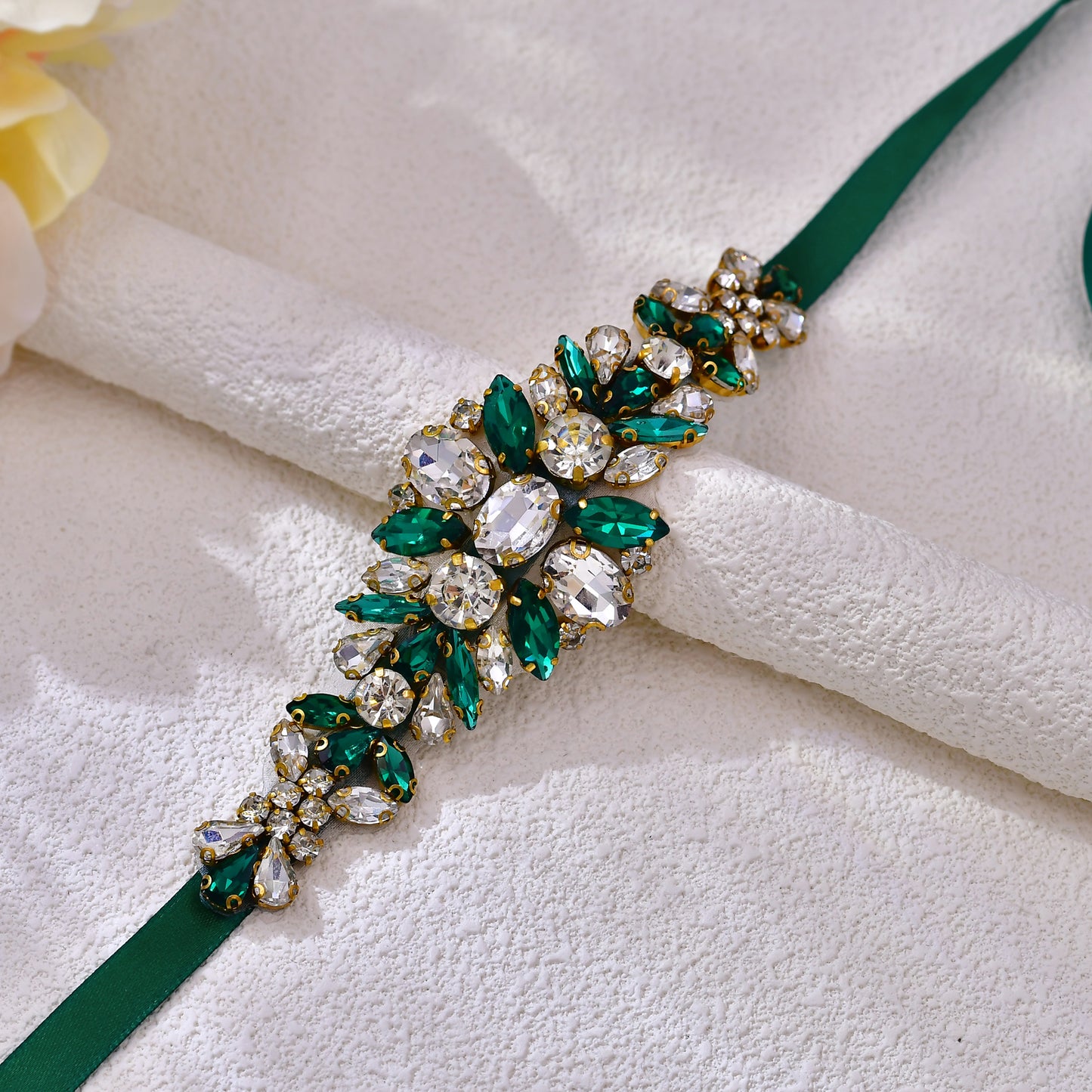 BRIDELLA BS128 Green Strap Dress Belt Emerald Diamond Handmade Beaded Wedding Accessories