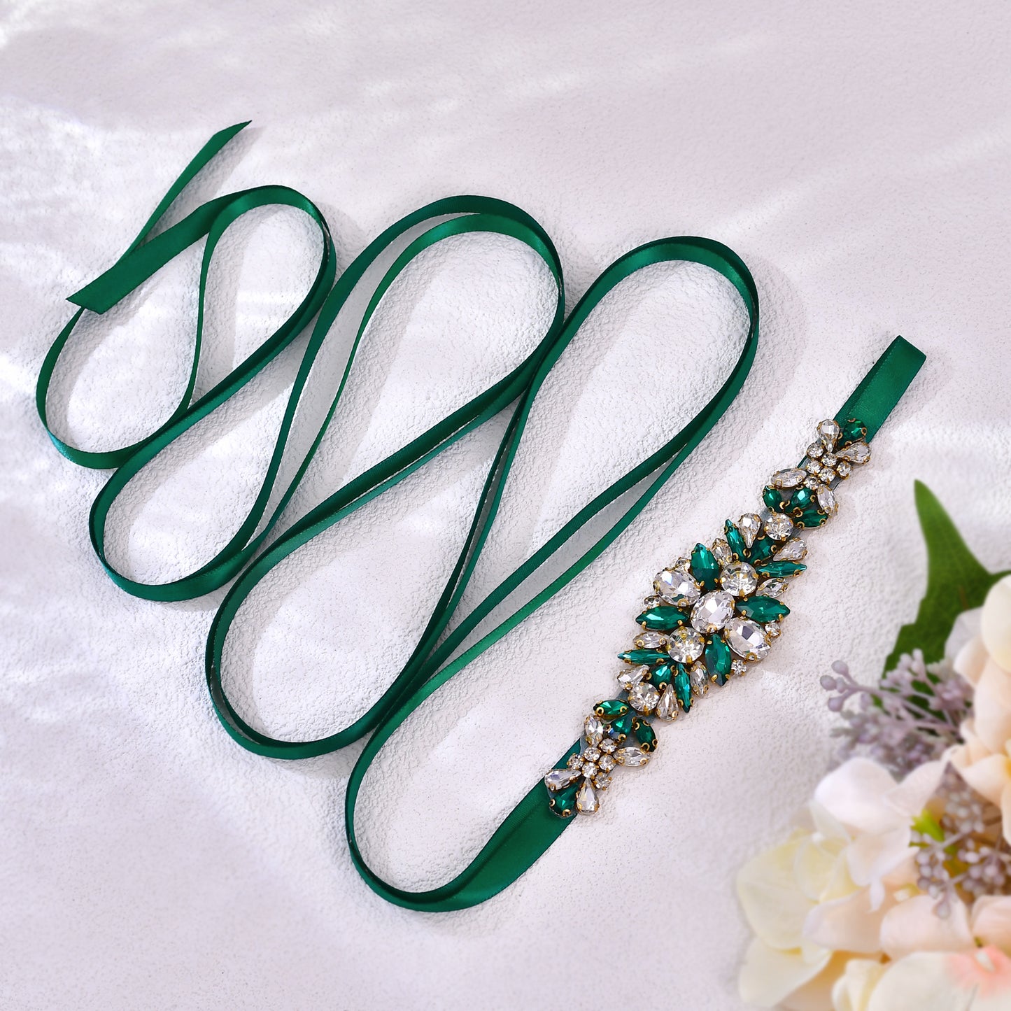 BRIDELLA BS128 Green Strap Dress Belt Emerald Diamond Handmade Beaded Wedding Accessories