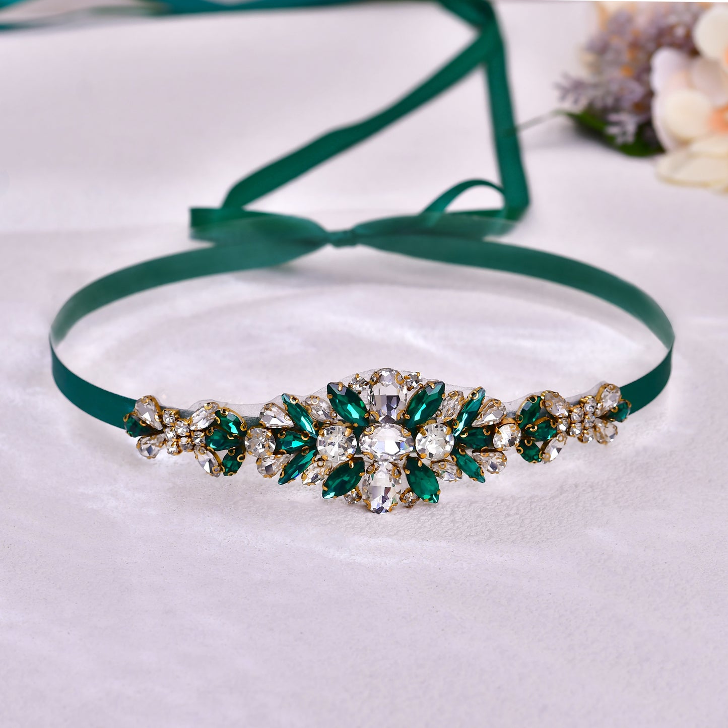 BRIDELLA BS128 Green Strap Dress Belt Emerald Diamond Handmade Beaded Wedding Accessories