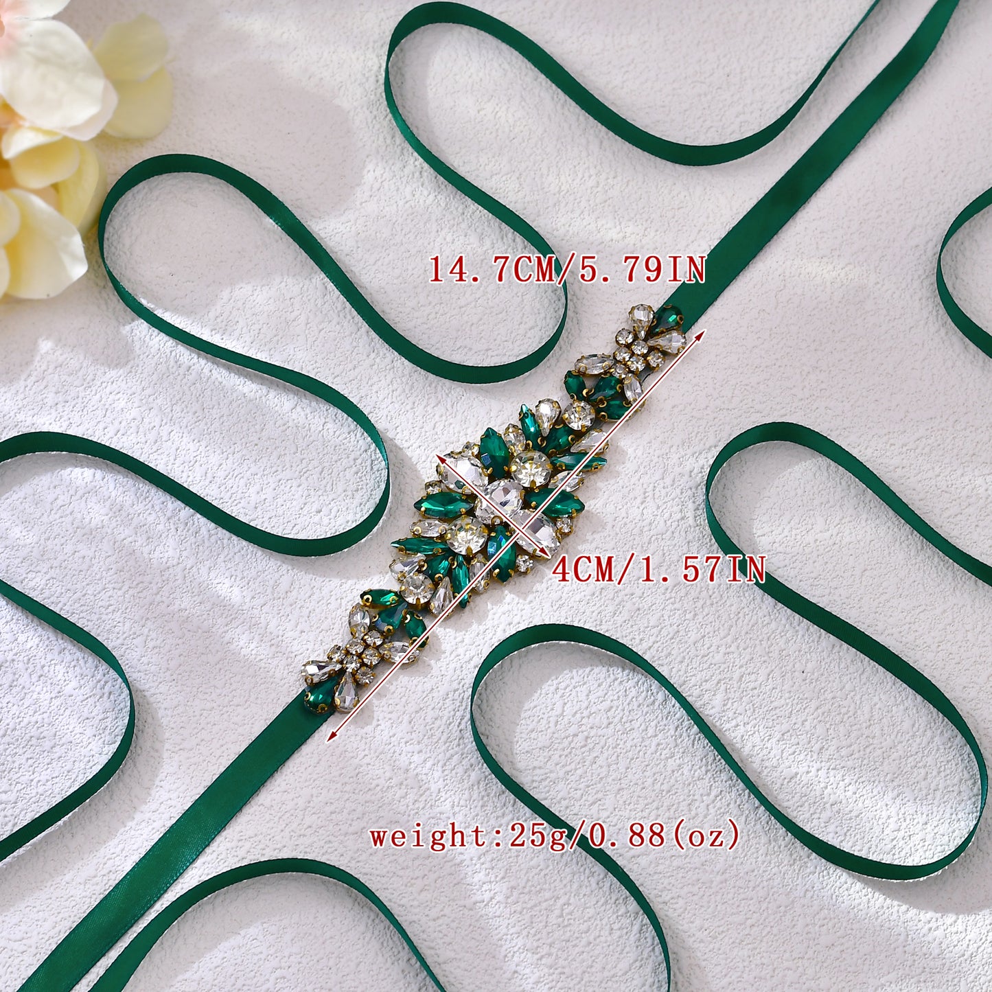 BRIDELLA BS128 Green Strap Dress Belt Emerald Diamond Handmade Beaded Wedding Accessories