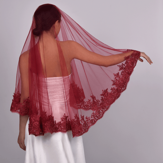 BRIDELLA BM115 Red Wedding Veil For Brides 1 Tier Solf Tulle Lace Edge Blusher Veil Without Comb Accessoires Mariage Cosas Para Boda