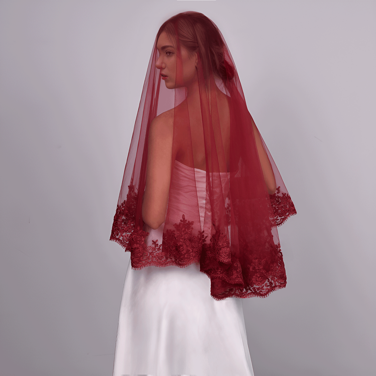 BRIDELLA BM115 Red Wedding Veil For Brides 1 Tier Solf Tulle Lace Edge Blusher Veil Without Comb Accessoires Mariage Cosas Para Boda