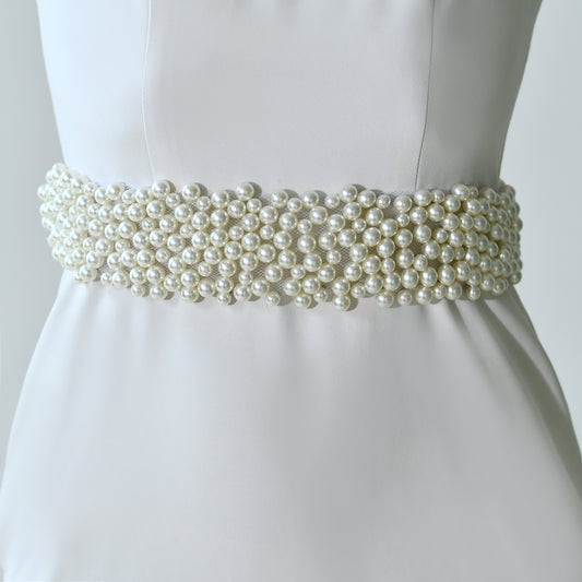 M122-I ivory pearl mesh belt