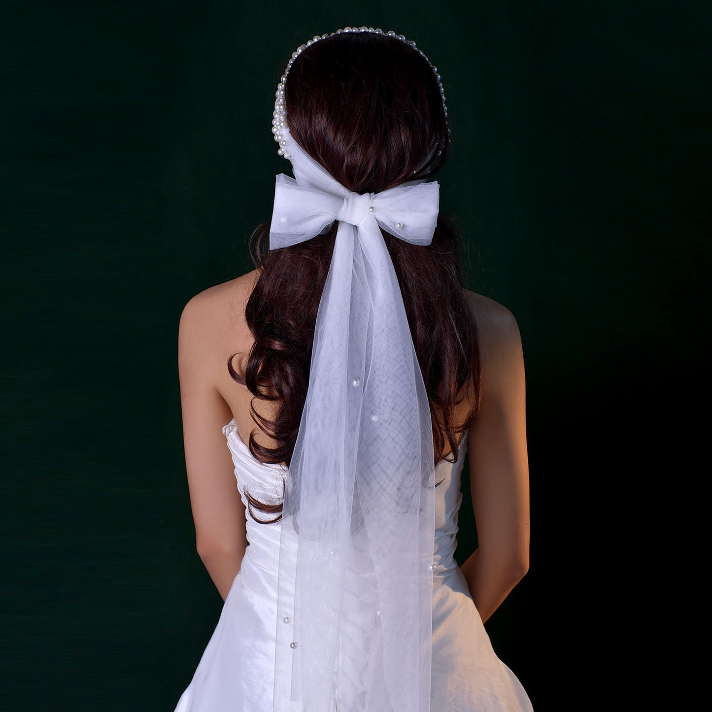 BRIDELLA BM122 Pearl Bridal Veil Waist Length Tie Hair Accessory Women's Headband Wedding Dress Belt For Outdoor Weddings