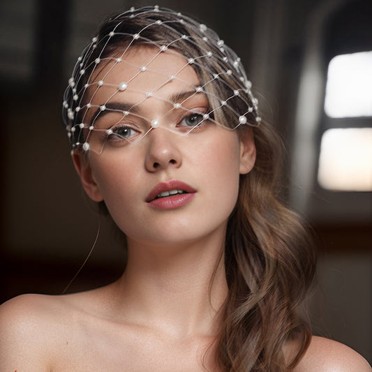 BRIDELLA BMA52 Pearl Embellished Bridal Tiara Wedding Accessories White Mesh Lady Bird Cage Veil Banquet Festival