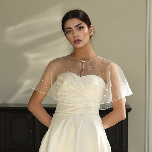 BRIDELLA BMG02 Short Pearl Rhinestone Bride Shawl Wedding Accessories Woman Cape Short Coat Pin Fix Party Strapless Dress