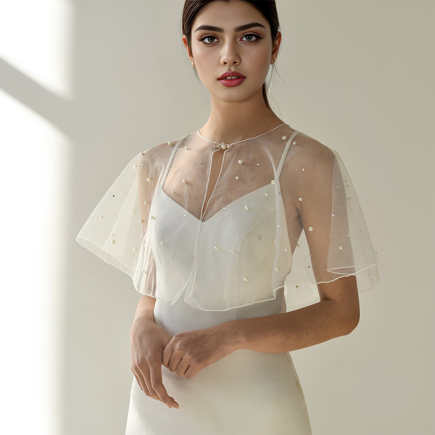 BRIDELLA BMG02 Short Pearl Rhinestone Bride Shawl Wedding Accessories Woman Cape Short Coat Pin Fix Party Strapless Dress