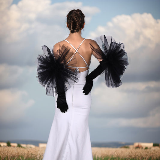 BRIDELLA BMM10 Gothic Black Large Flower Bridal Gloves Wedding Dress Wedding Accessories Stage Performance Props