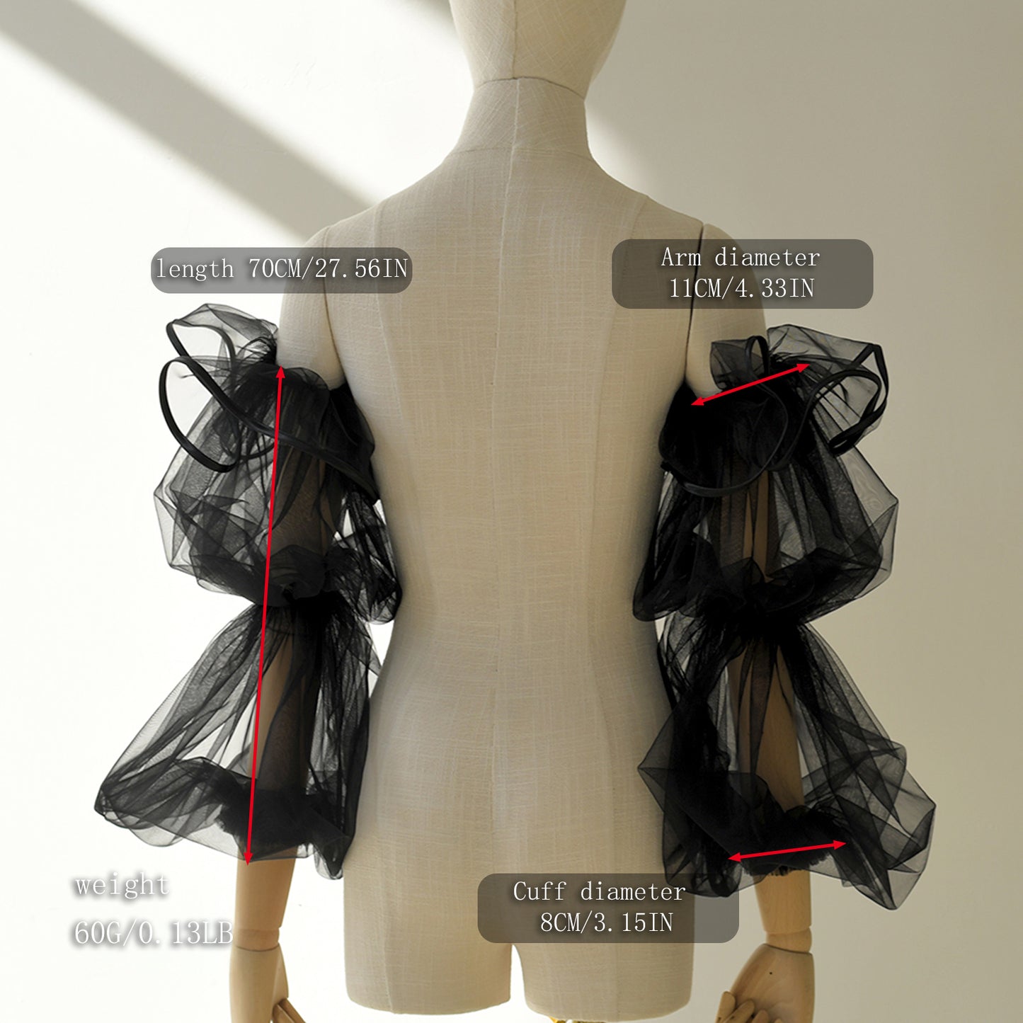 BRIDELLA BMM37  A Pair Of Lantern Sleeves Long Black Bridal Sleeves Satin Ribbon Hem Mesh Fingerless Gloves Romantic Flesh-Covering Wedding Dress With Detachable Sleeves