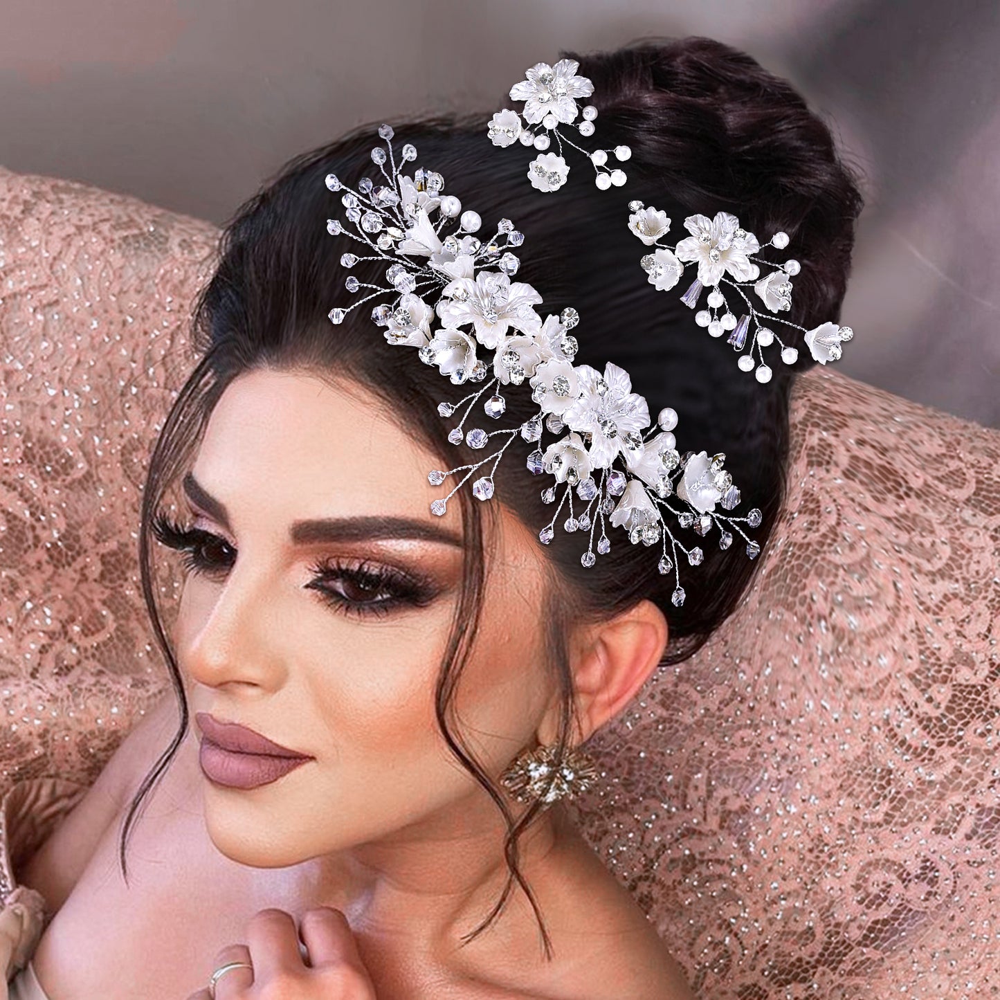 BRIDELLA BHP755 1 HairComb+2 Hairpins Set Handmade Bridal Hair Accessories ResinFlower Hair Comb Pure Handmade Rhinestone Hair Fork