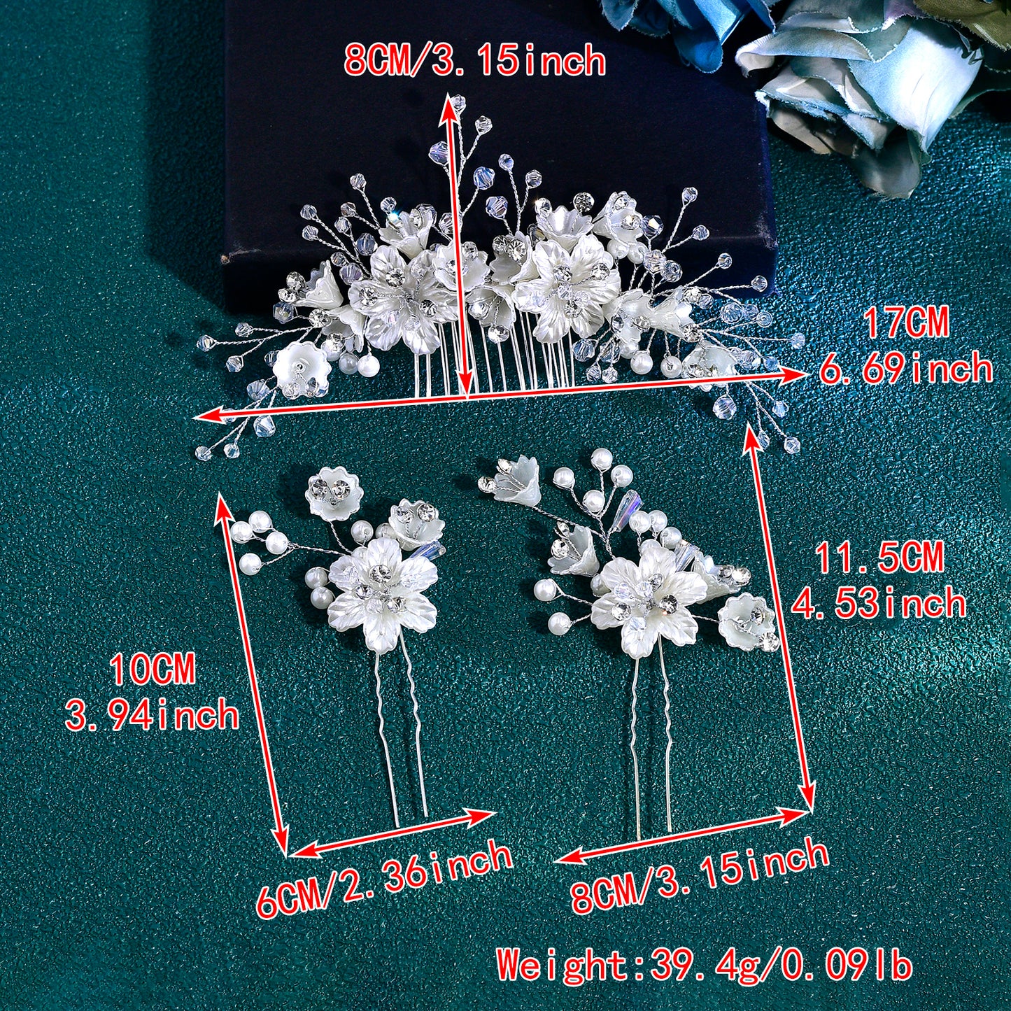 BRIDELLA BHP755 1 HairComb+2 Hairpins Set Handmade Bridal Hair Accessories ResinFlower Hair Comb Pure Handmade Rhinestone Hair Fork