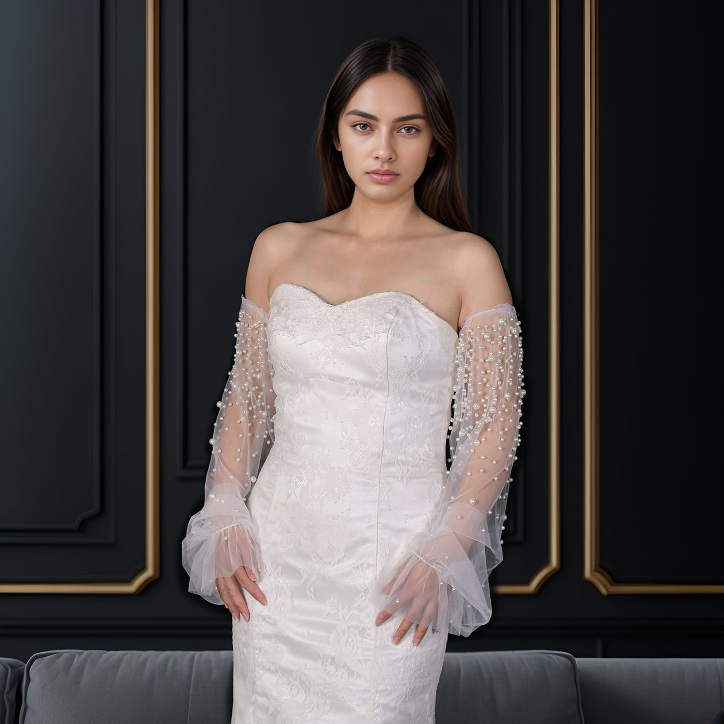 BRIDELLA BVG113 Women's Pearl Beaded Long Gloves Wedding Dress False Sleeves