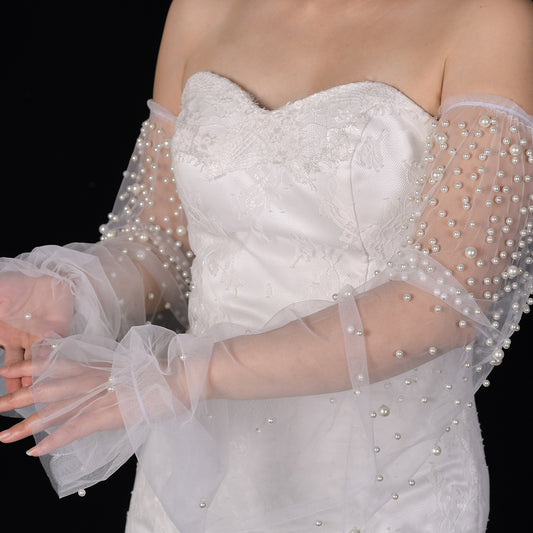 BRIDELLA BVG113 Women's Pearl Beaded Long Gloves Wedding Dress False Sleeves