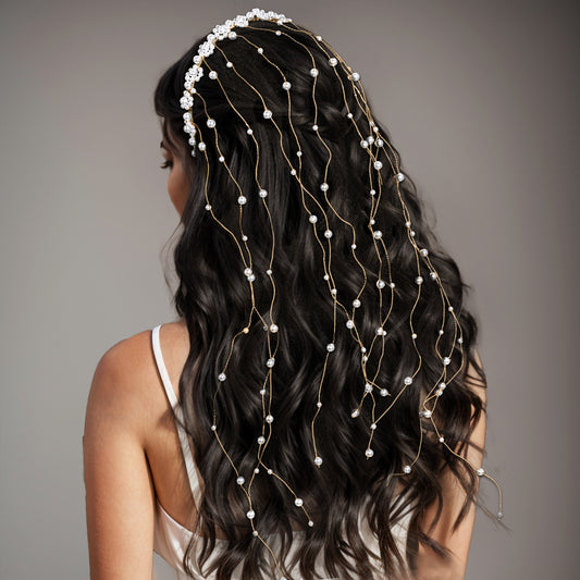 BRIDELLA BHP610  Pearls Tiara Tassels Chain Wedding Headband Handmade Beaded Bridal Headwear Woman Wedding Hair Accessories