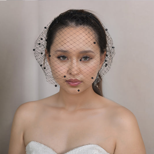 BRIDELLA BVA08 Fashion Women's Face Decoration Short Pearl Black Fishnet Bridal Birdcage Veil