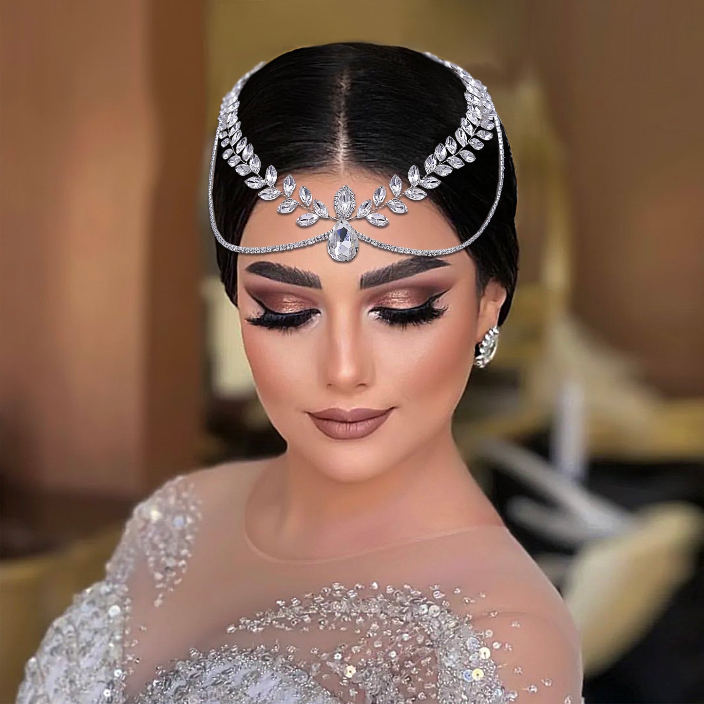 BRIDELLA BHP524 Wedding Headband Bride Rhinestone Forehead Head Chain Bridal Headpiece Pageant Hair Comb Tiara Woman Headwear
