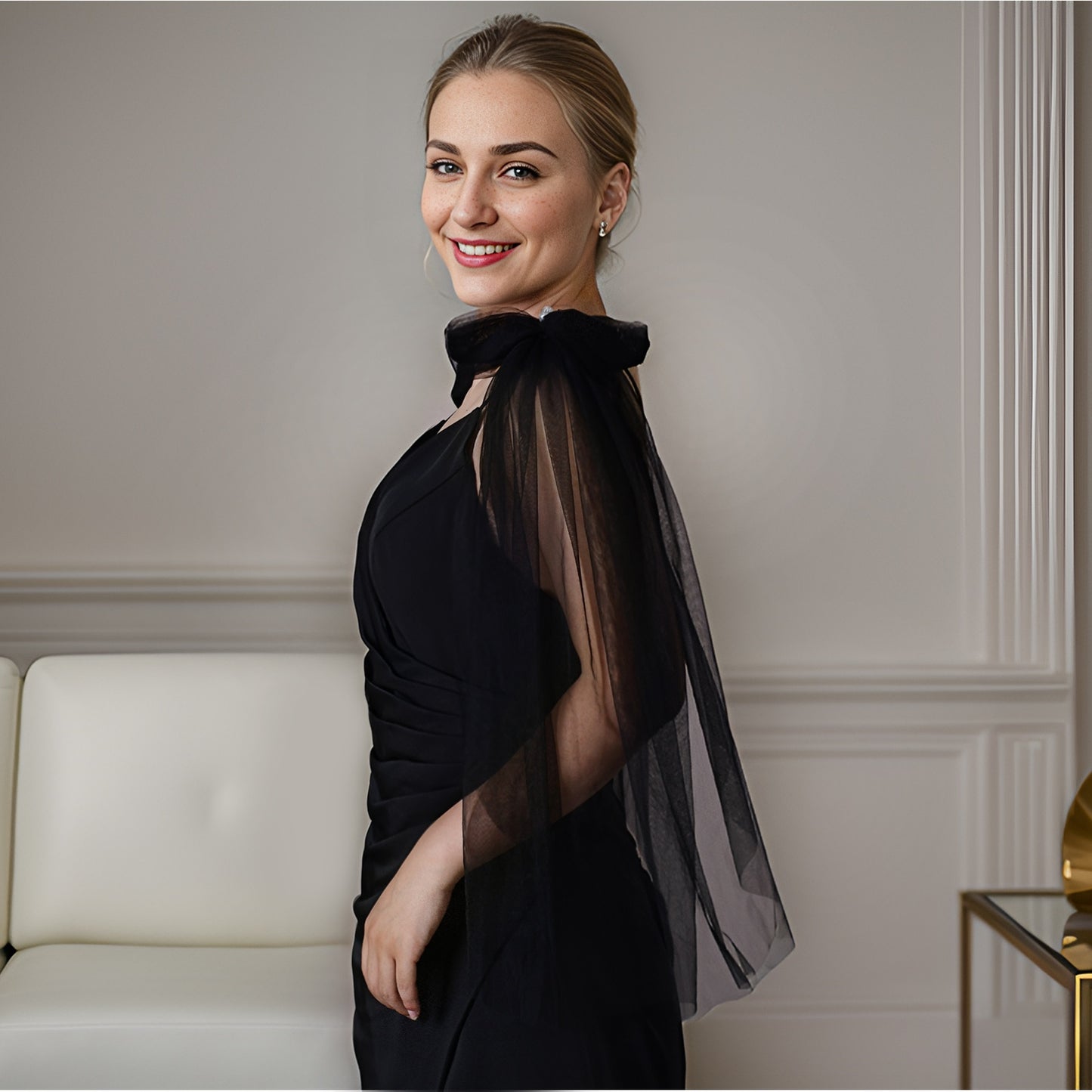 BRIDELLA BVG34 Cute Bowknot Double Shoulder Shawl Women's Dress with Fake Sleeves