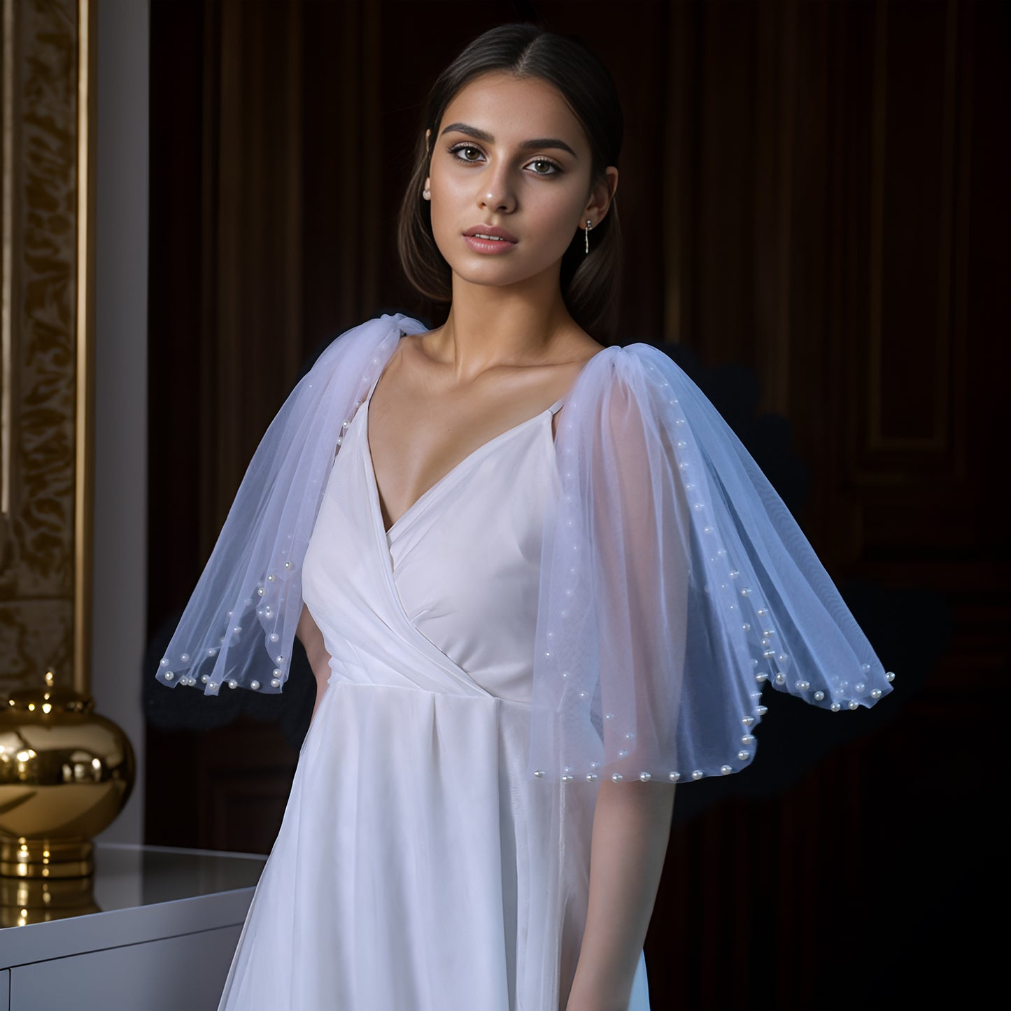 BRIDELLA BVG40A Women's Beaded Double Shoulder Shawl Bridal Wedding Dress With Arm-Covering False Sleeves