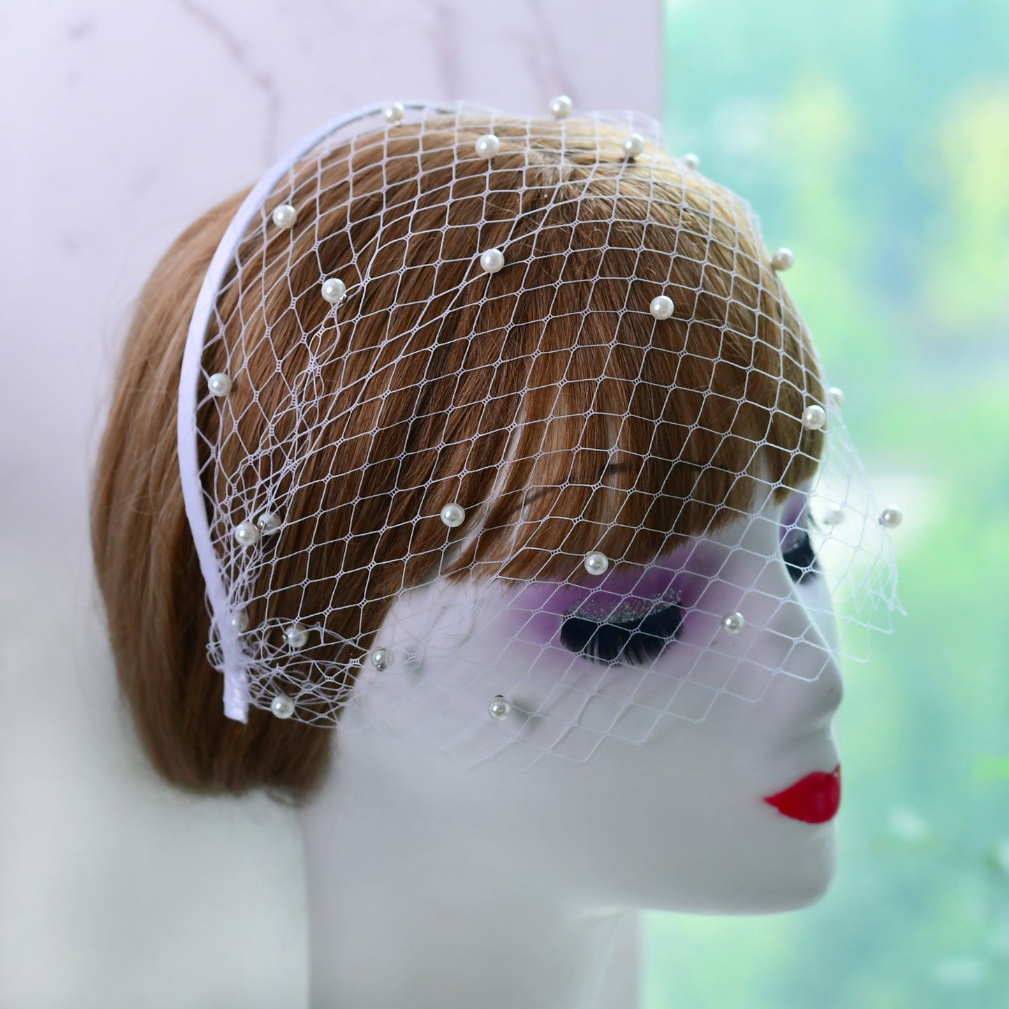 BRIDELLA BVA08 Fashion Women's Face Decoration Short Pearl Black Fishnet Bridal Birdcage Veil
