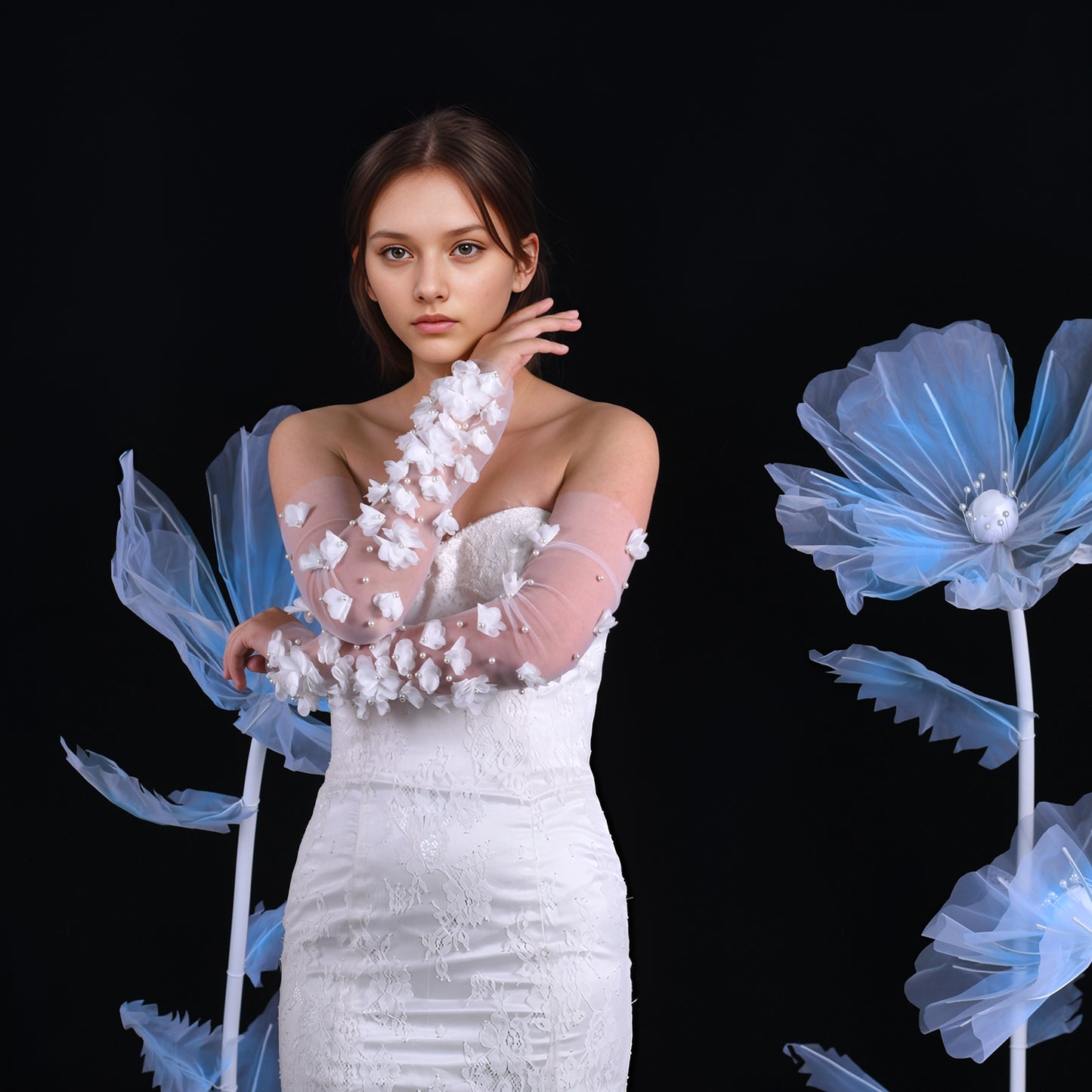BRIDELLA BVM45 Women's Elegant High Quality Mesh Gloves With Large Pearl Flowers Fingerless
