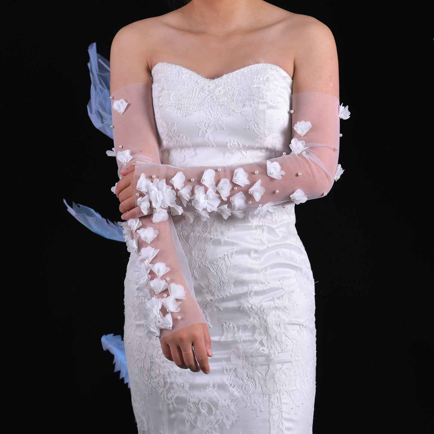 BRIDELLA BVM45 Women's Elegant High Quality Mesh Gloves With Large Pearl Flowers Fingerless