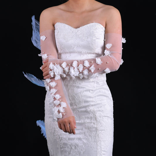 BRIDELLA BVM45 Women's Elegant High Quality Mesh Gloves With Large Pearl Flowers Fingerless