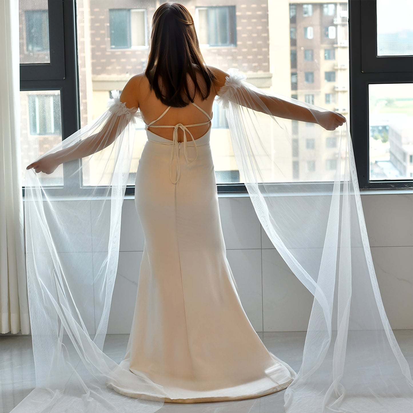 BRIDELLA BMM03 Simple Long Bridal Sleeve Wedding Dress With Detachable False Sleeves For Stage Performances