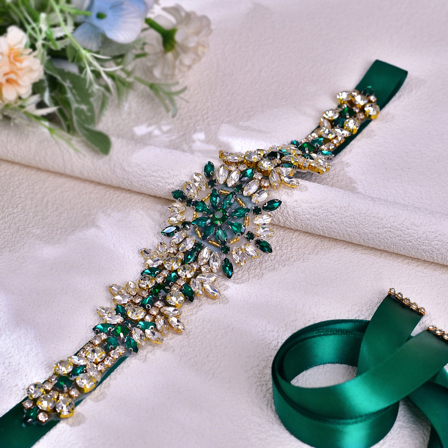 BRIDELLA BS319KL Elegant Bridal Rhinestone Belt New Green Rhinestone Handmade Jewelry