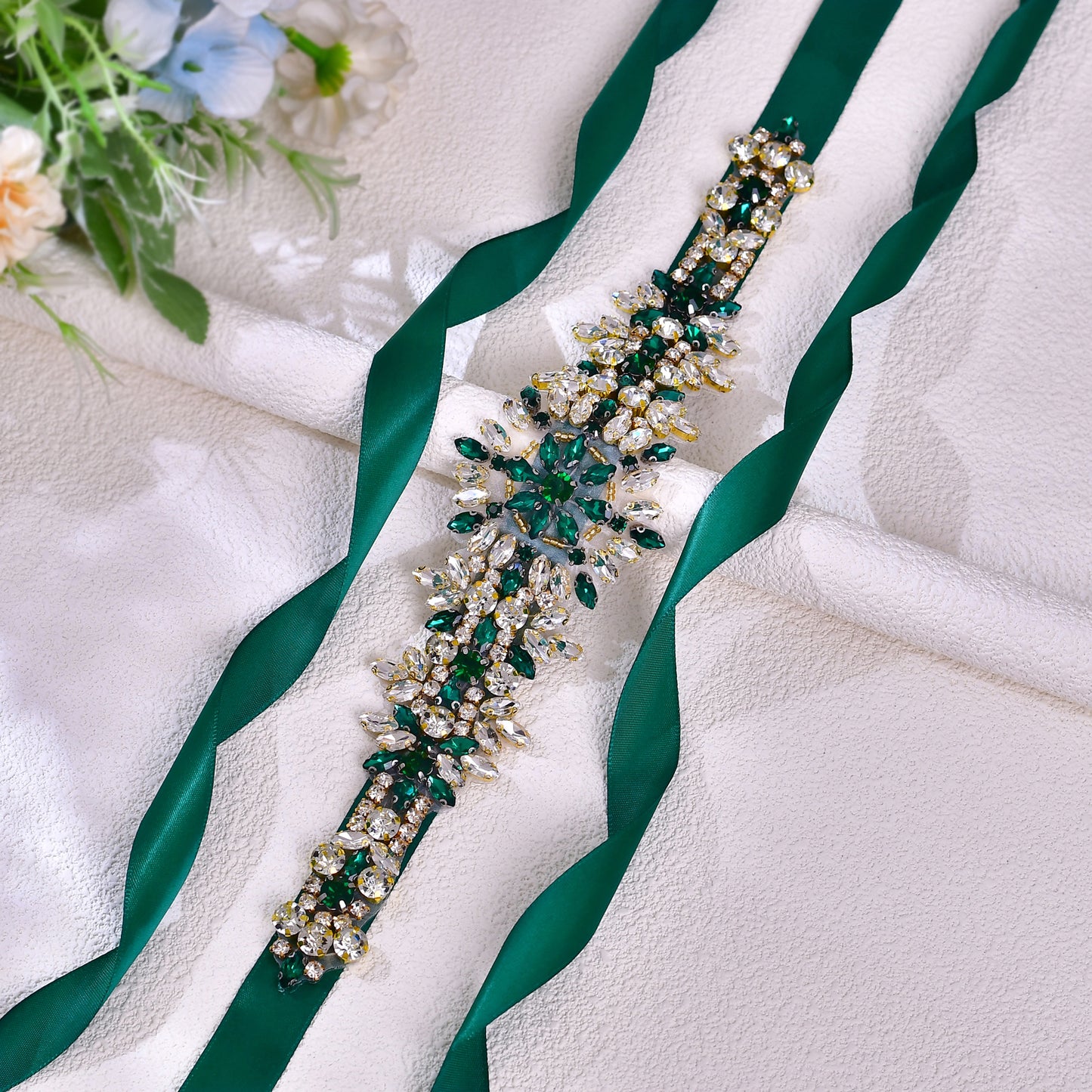 BRIDELLA BS319KL Elegant Bridal Rhinestone Belt New Green Rhinestone Handmade Jewelry