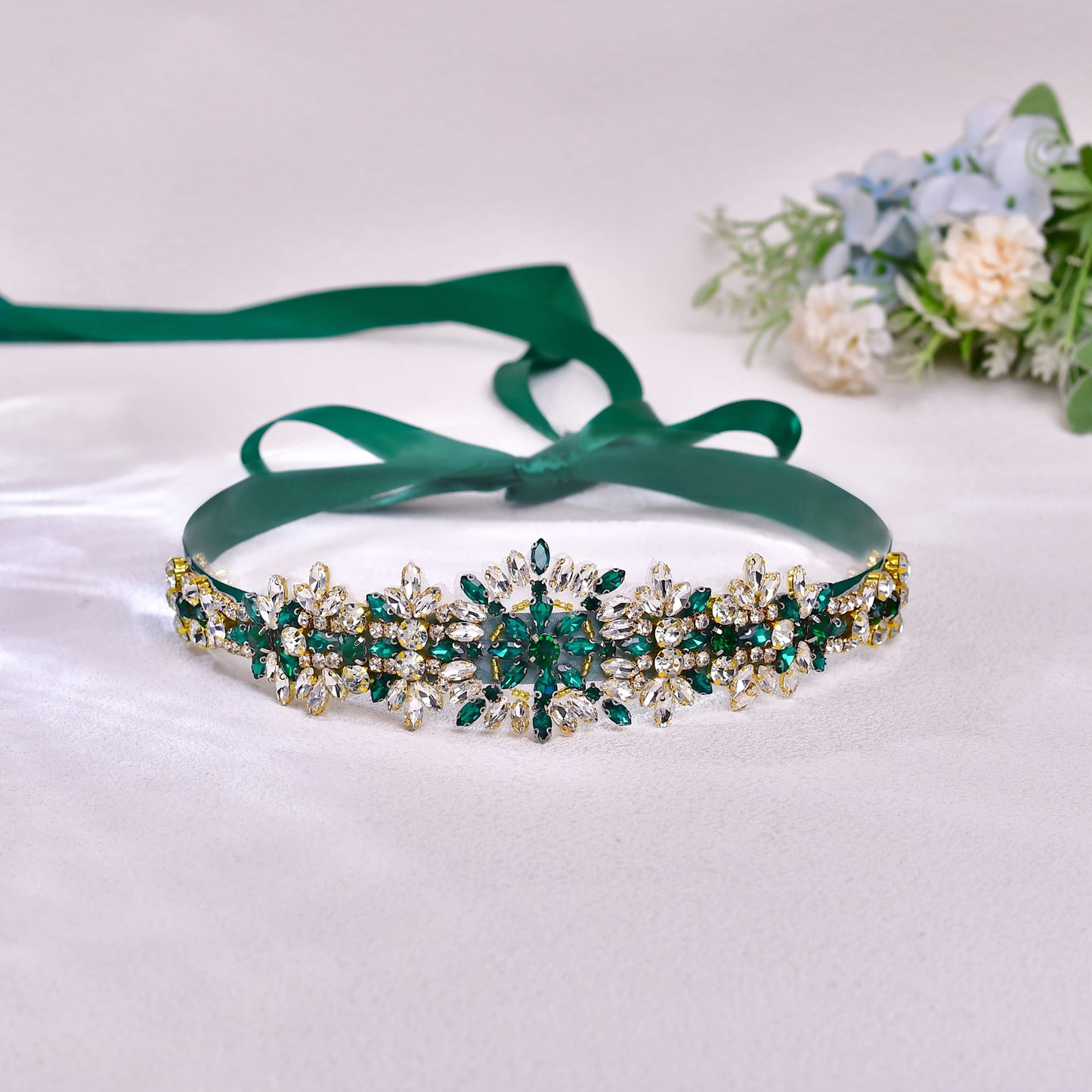 BRIDELLA BS319KL Elegant Bridal Rhinestone Belt New Green Rhinestone Handmade Jewelry