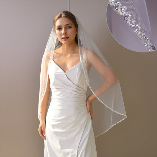 BRIDELLA BV134 1 Piece Handmade Beaded Sequined Single-Layer Fingertip Length Bridal Veil Suitable For Weddings And Wedding Photos With Hair Comb