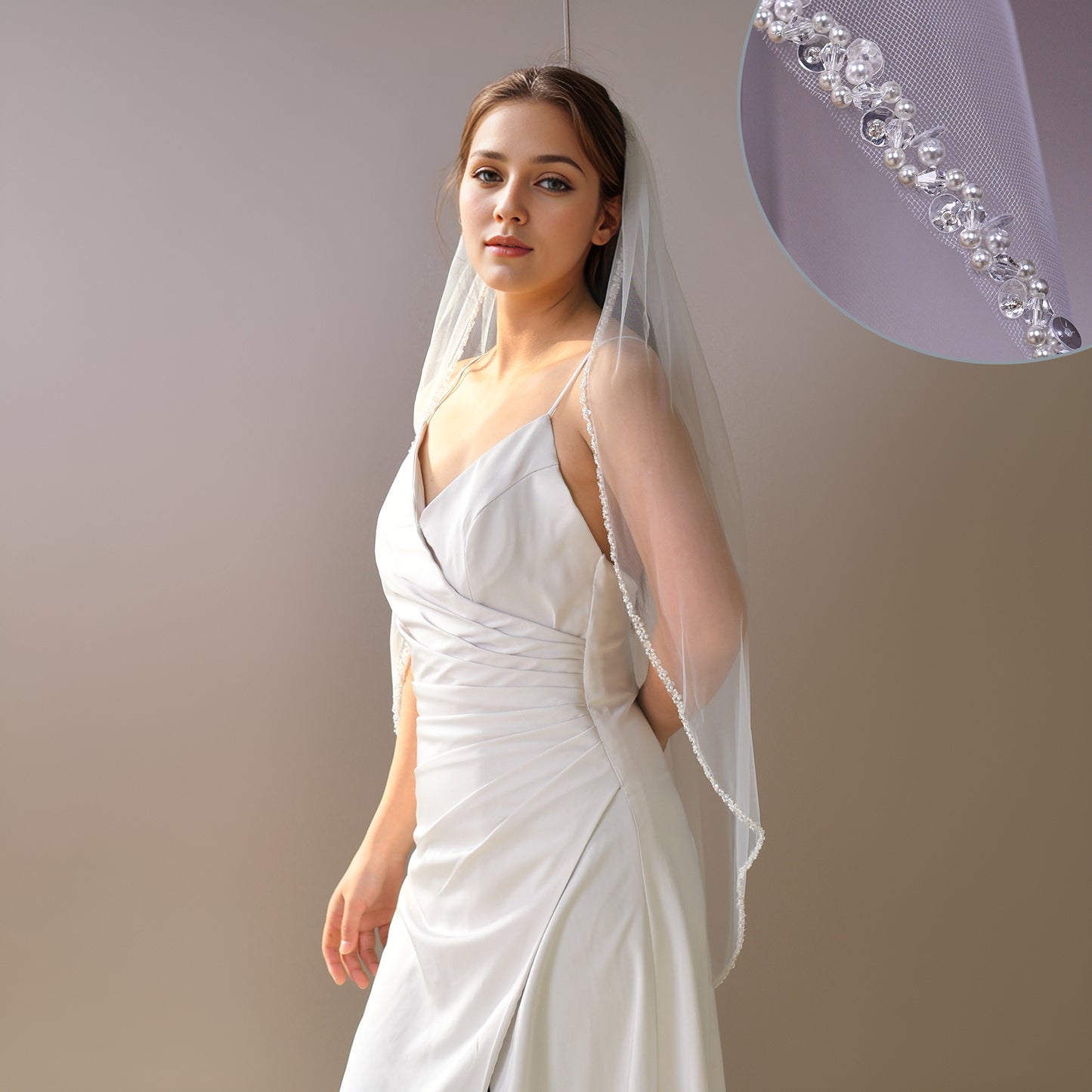 BRIDELLA BV134 1 Piece Handmade Beaded Sequined Single-Layer Fingertip Length Bridal Veil Suitable For Weddings And Wedding Photos With Hair Comb