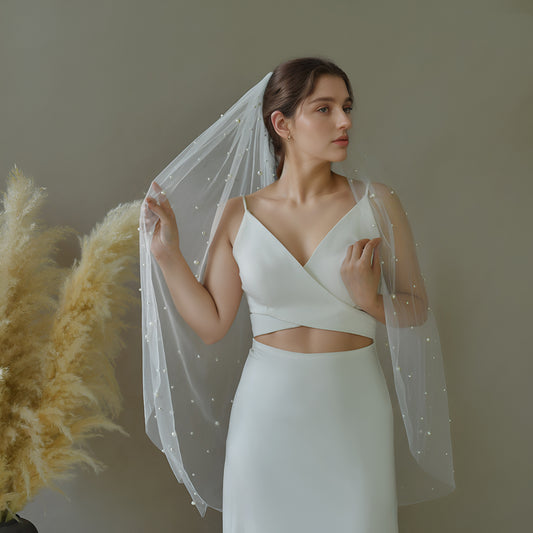 BRIDELLA BV176 1 Piece Single Layer Fingertip Length Artificial Pearl Bridal Veil Suitable For Wedding Registration Wedding Accessories Include Hair Comb