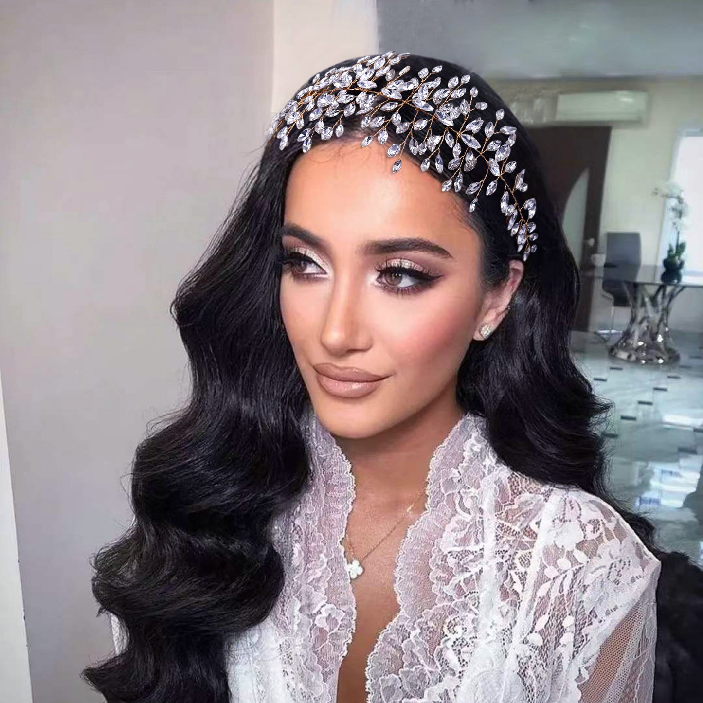 BRIDELLA BHP237 Golden Handmade Crystal Rhinestones Silver Golden Wedding Headband Headpiece Jewelled Headband Wedding Hair Jewelry
