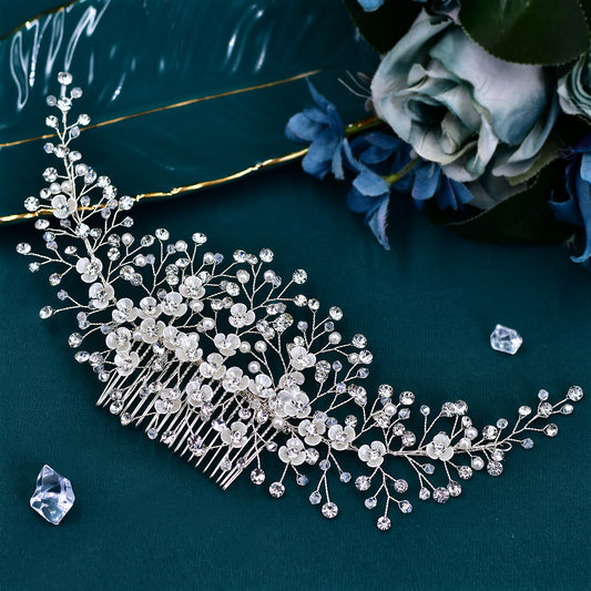 BHP571-S silver rhinestone pearl hair comb