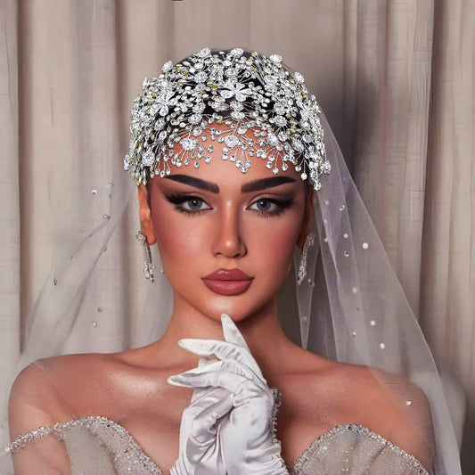 BRIDELLA BHP240 Silver Full Diamond Wide Headband Golden Luxurious Queen Handmade Diamond Wedding Hair Accessory AB-Colorful Bridal Headpiece