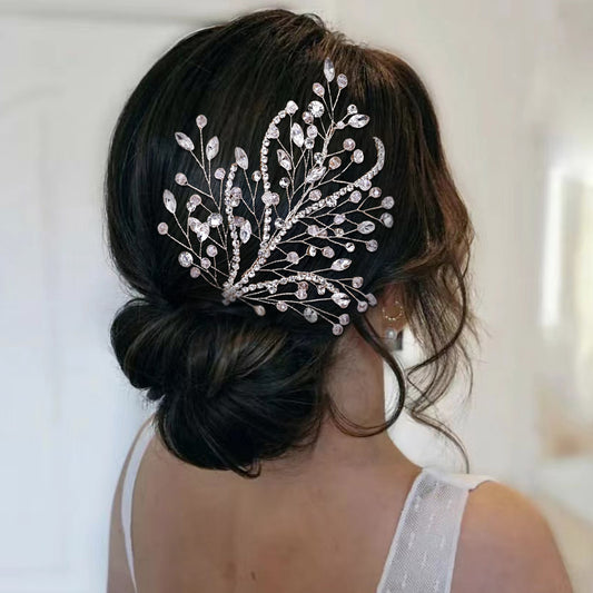 BRIDELLA BHP587 Beaded Headpiece Bridal Wedding Hair Accessories Handmade Rhinestone Leaves Shape Headwear Crystal Head Jewelry