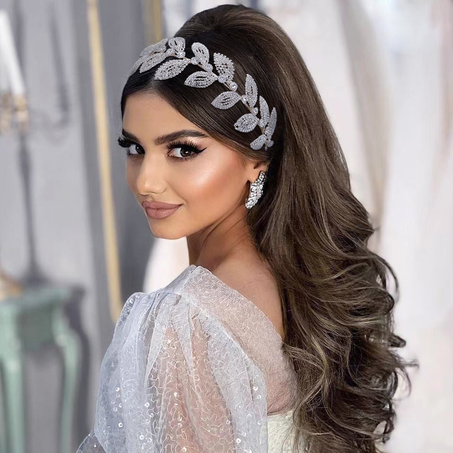 BRIDELLA BHP578 Bridal Headband Handmade Leaf Headpiece for Woman Wedding Hair Accessories Bride Tiara Rhinestone Headdress