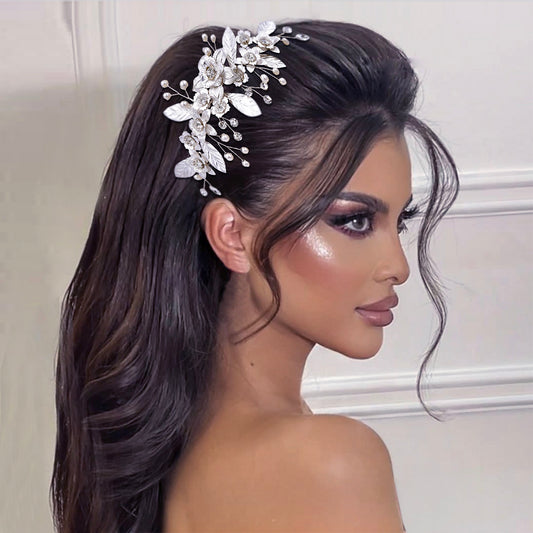 BHP520-S silver rhinestone pearl hair comb