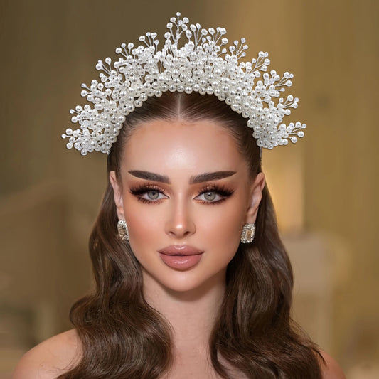 BRIDELLA BHP598 Wedding Pearls Crown Bridal Beaded Headband Woman Dress Jewelry Hair Accessories Classic Tiaras Girl Birthday