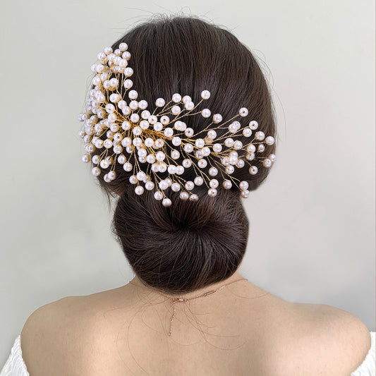 BRIDELLA BHP754 Bride Golden Color Headband Pearl Wedding Hair Accessories Women Headpieces Handmade Banquet Party Headdress