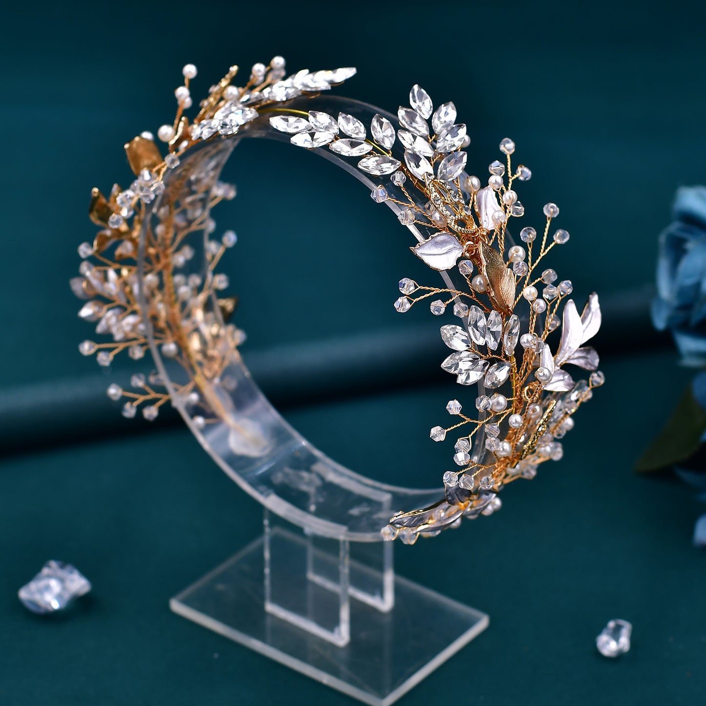 BRIDELLA BHP272 Bride Headband Wedding Headpiece Bridal Alloy Leaf Hair Accessories Rhinestone Pearl Headdress Party Headwear