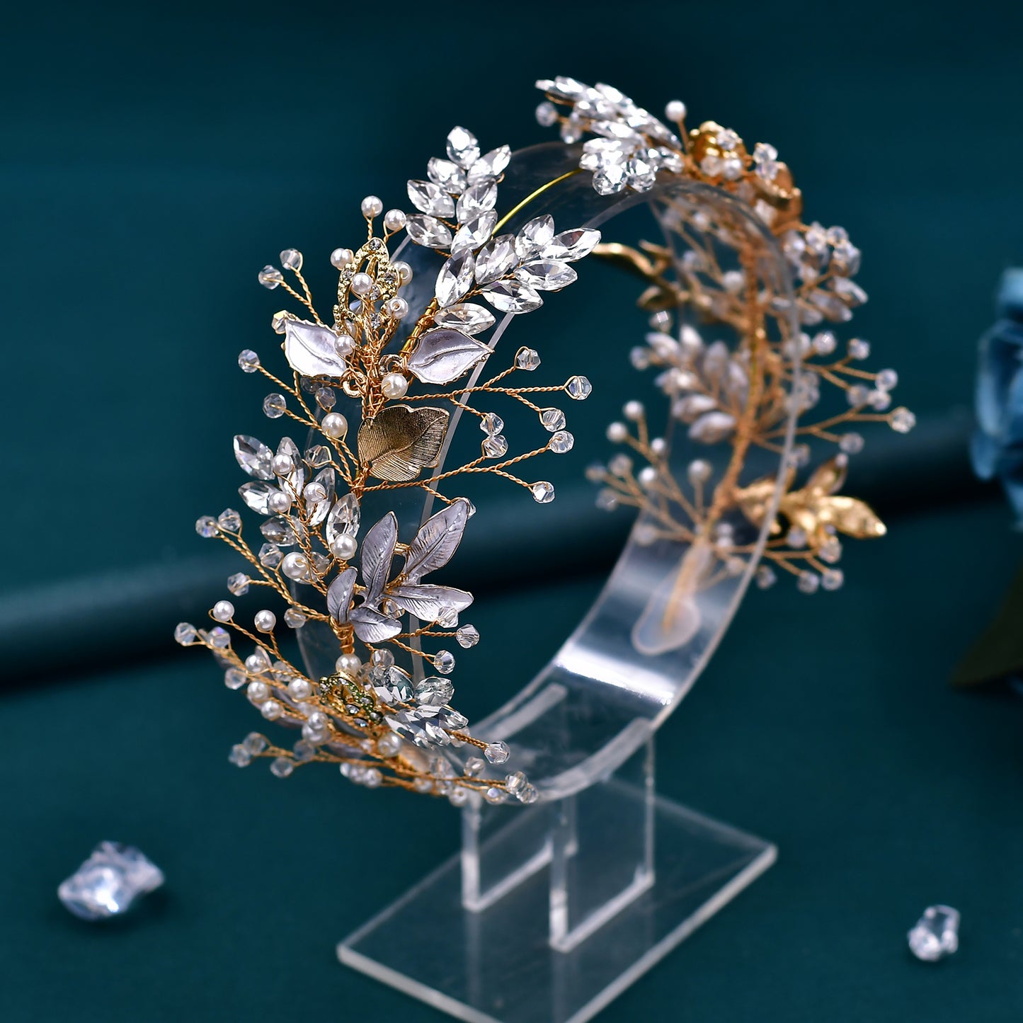 BRIDELLA BHP272 Bride Headband Wedding Headpiece Bridal Alloy Leaf Hair Accessories Rhinestone Pearl Headdress Party Headwear