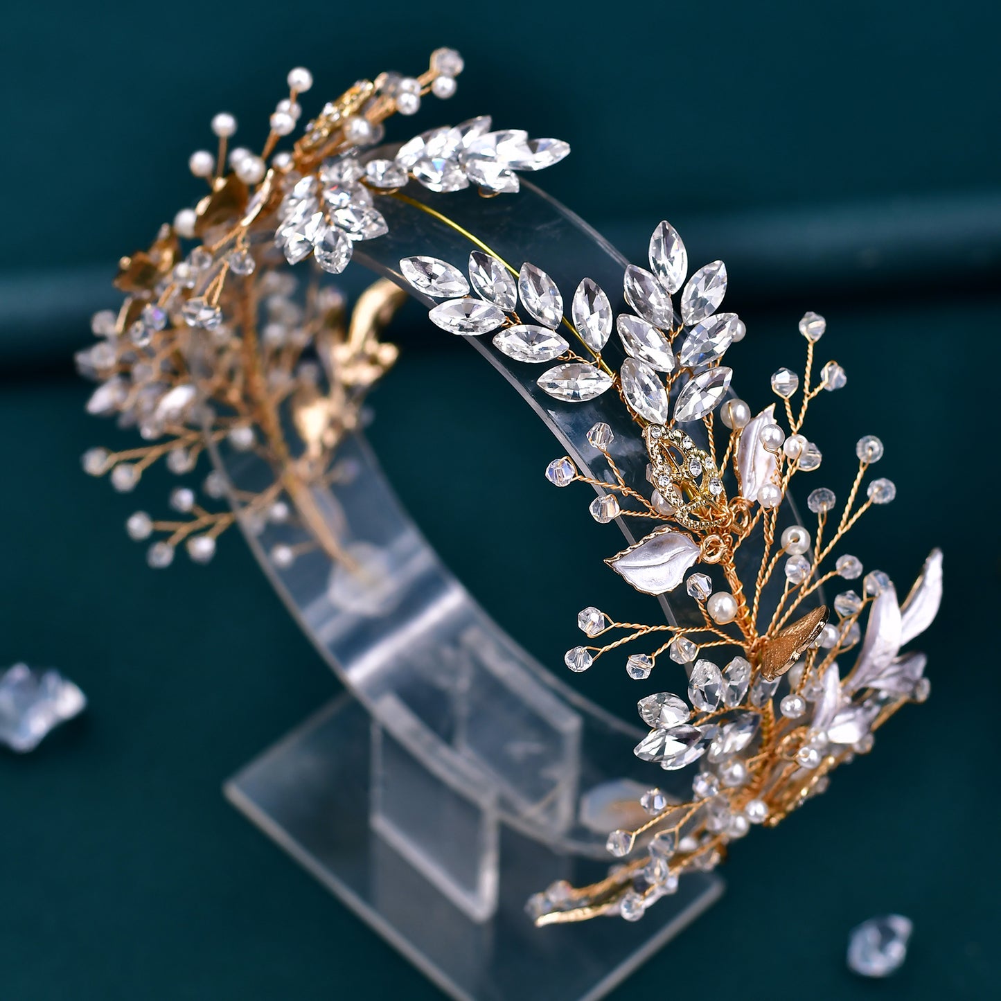 BRIDELLA BHP272 Bride Headband Wedding Headpiece Bridal Alloy Leaf Hair Accessories Rhinestone Pearl Headdress Party Headwear