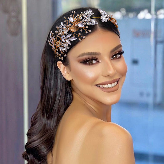 BRIDELLA BHP272 Bride Headband Wedding Headpiece Bridal Alloy Leaf Hair Accessories Rhinestone Pearl Headdress Party Headwear
