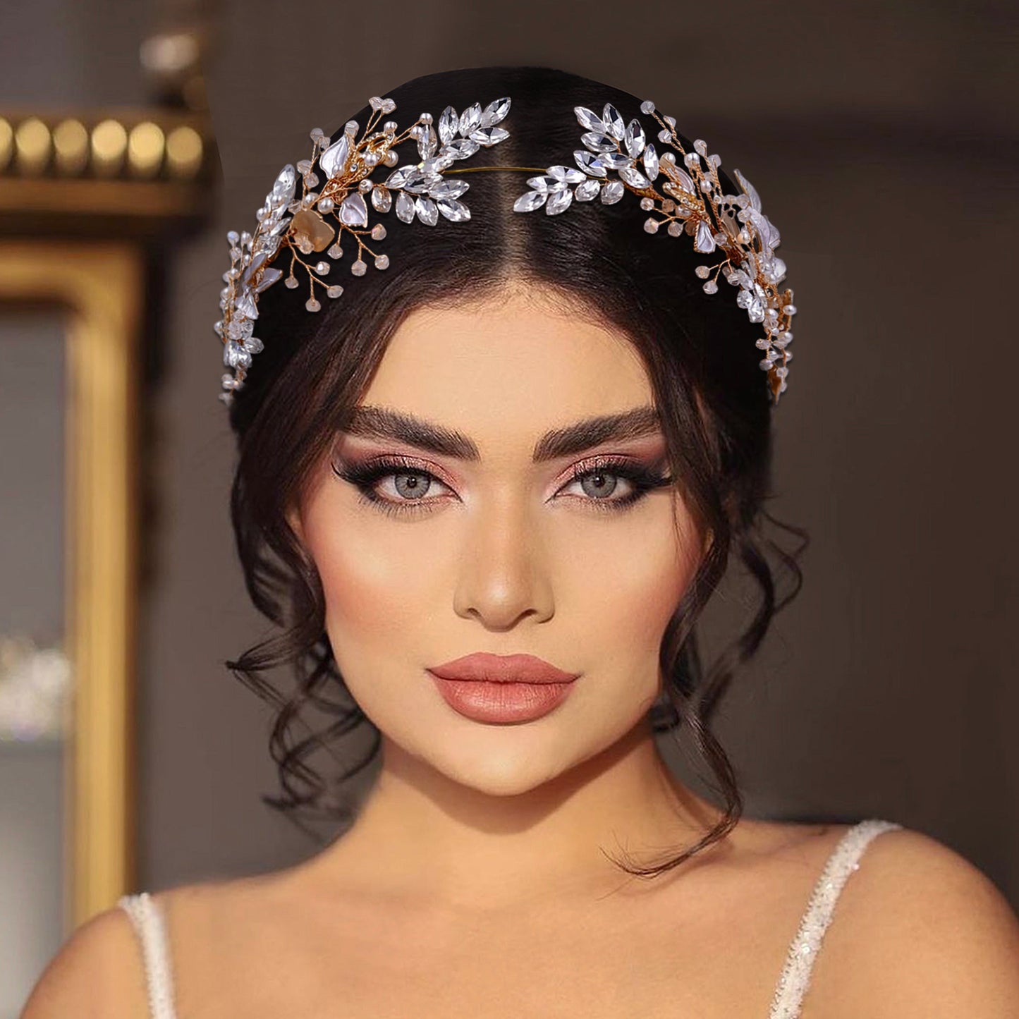 BRIDELLA BHP272 Bride Headband Wedding Headpiece Bridal Alloy Leaf Hair Accessories Rhinestone Pearl Headdress Party Headwear
