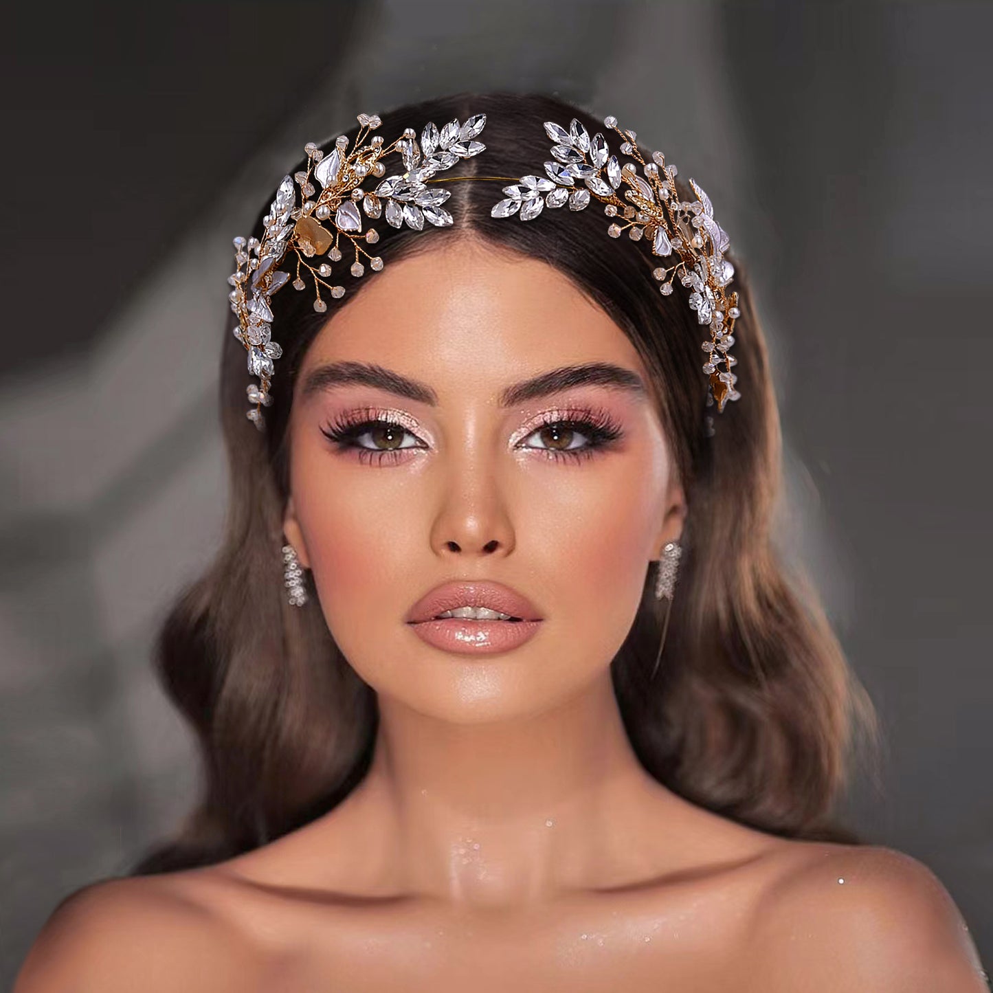 BRIDELLA BHP272 Bride Headband Wedding Headpiece Bridal Alloy Leaf Hair Accessories Rhinestone Pearl Headdress Party Headwear