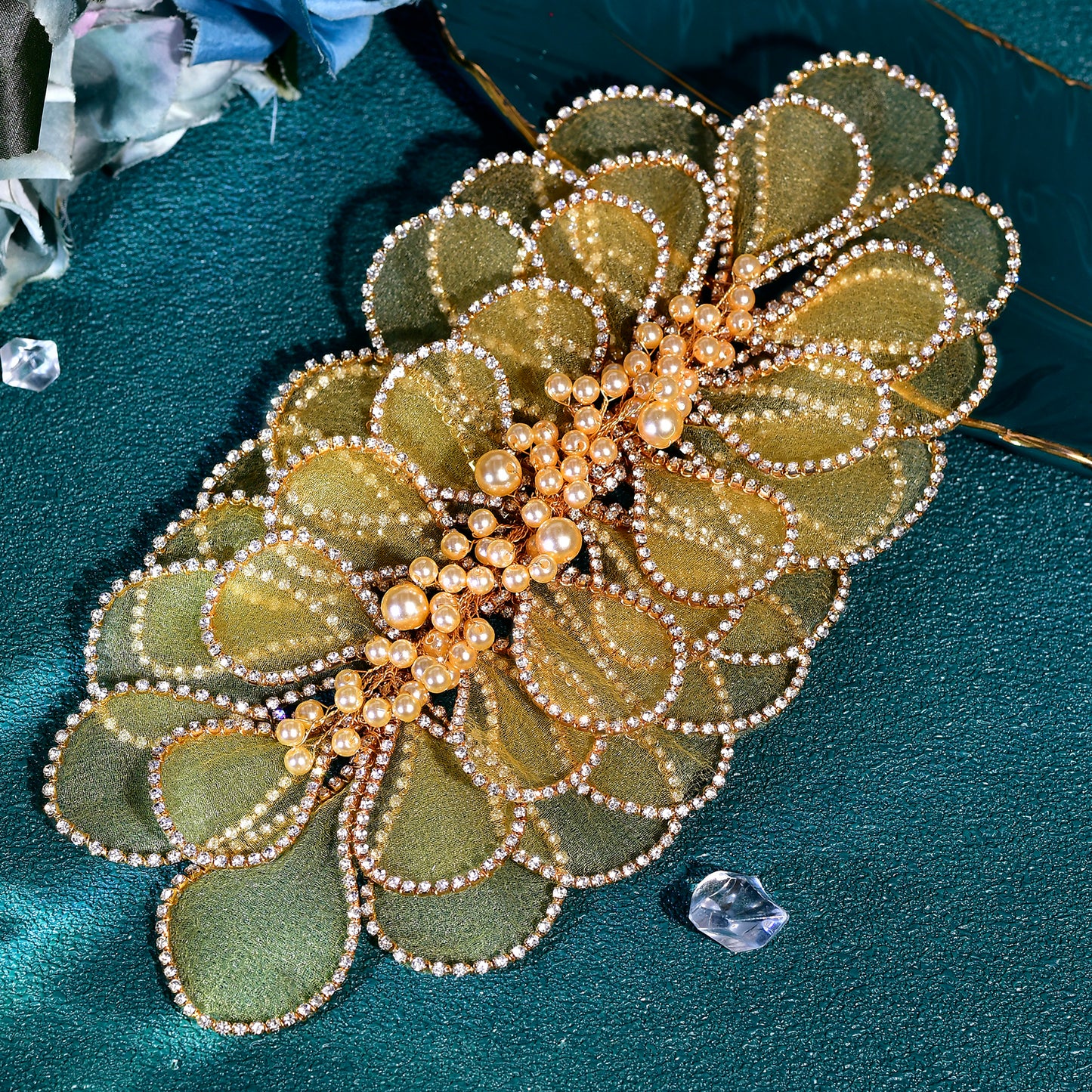BRIDELLA BHP681 Handmade Mesh Flower Headband Women Gold Color Pearl Headwear Hair Accessories Rhinestone Wedding Headdress